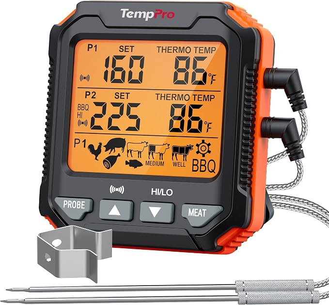 TempPro TempTrack Digital Meat Thermometer for Cooking with 2 Meat Probes | Large LCD Backlit Oven Probe Thermometer, Kitchen Food Thermometer with Temp Alert for Smoker, BBQ,Grill