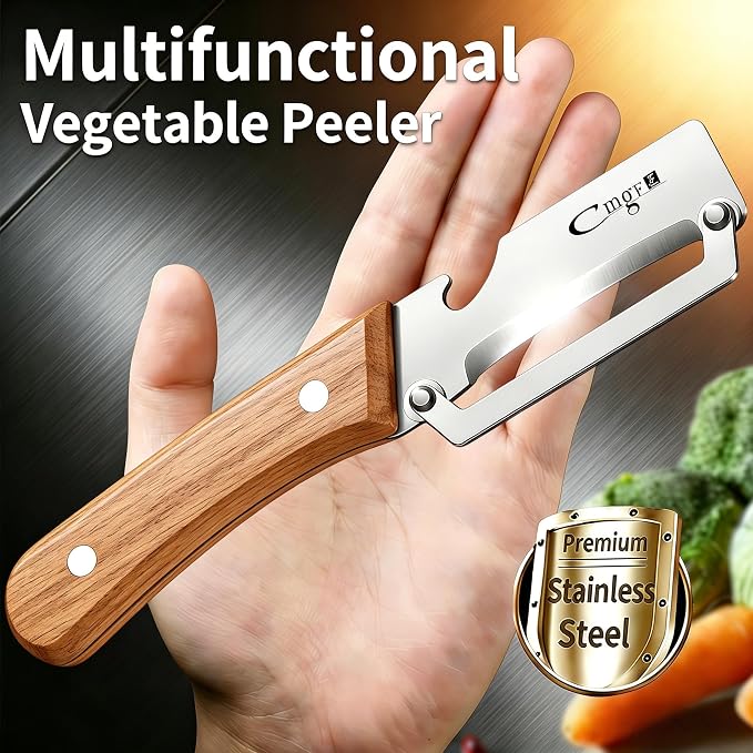 TEEVEA Vegetable Peeler, Stainless Steel Wooden Handle for Potato, Apple | Zero snag glide, non-slip wet grip, 2-in-1 bottle opener, food grade safe for all scenarios