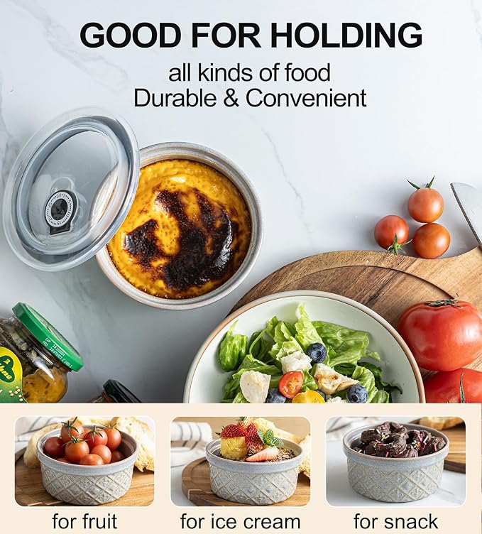 Ceramic Bowls with Lids set of 4, Soup Bowls, 28 oz Ramekins Baking Dishes for Kitchen, Food Storage Container Bowls Oven Safe, Bowls for Salad, Snack, Oatmeal, Fruit, Gifts, Grey