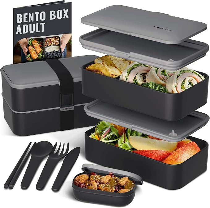 Bentoheaven Bento Box Adult, Stackable Lunch Box, 40 oz, Whispering Gray | BPA-free, leakproof and microwave-safe with 2 compartments, utensils, chopsticks, divider and sauce cup for men and women.