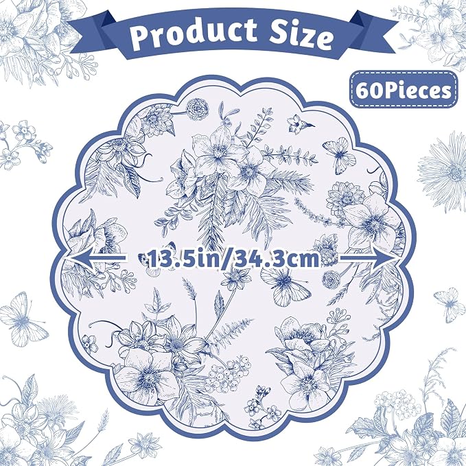 60 Pcs Blue Floral Paper Placemat, 13.5 Inch Disposable Scalloped Table Mat | Wedding Placemats, Vintage Floral Banquet Place Mats for Table Setting Wedding Bridal Tea Party Wildflower Party Decor