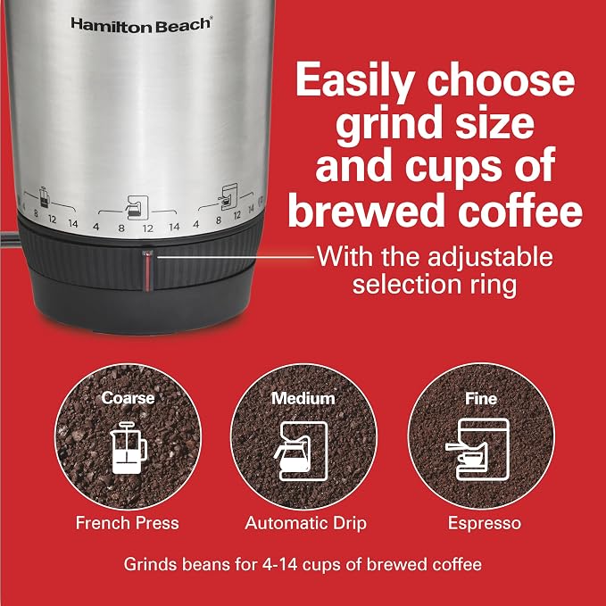 Hamilton Beach Custom Grind Electric Coffee Grinder For Up To 14 Cups | Grinds Coffee Beans, Spices & More | Hands-Free Operation, Auto Shutoff | Easy-Clean Removable Chamber | Stainless Steel
