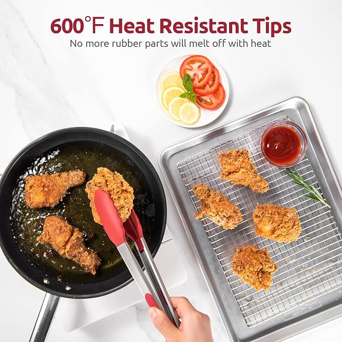 U-Taste Kitchen Tong for Cooking, 600ºF Heat-Resistant Silicone, 12in/Red | Large Tongs for Serving Food, Big Rubber Tong for Grill/BBQ, Silicon Tips & 18/8 Stainless Steel Handle, Smooth Locking