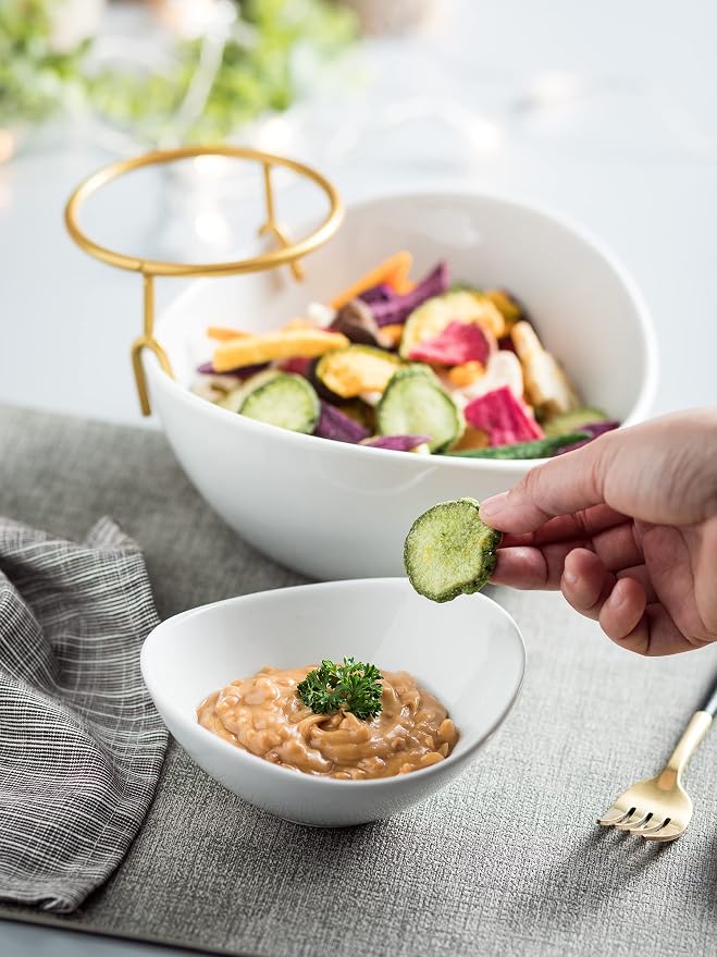 Miamolo 2 Tier Serving Bowl Set and Removable Rack for Chip and Dip | Ceramic Serving Dishes Set with 2 Compartment, for Snacks, Appetizer, Salad, Fruit | Microwave & Dishwasher Safe, Gold Stand