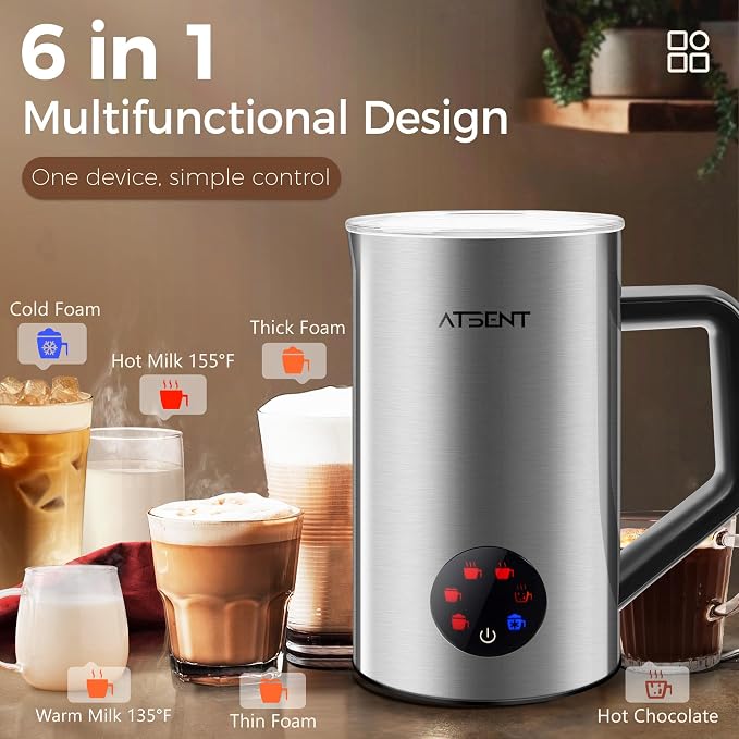 Milk Frother and Steamer, 6 in 1 Milk Steamer and Milk Warmer, 17oz Auto Shut Off Electric Frother with Touch Screen, Hot/Cold Foam Maker for Coffee, Latte, Cappuccino, Hot Chocolate, (Silver)