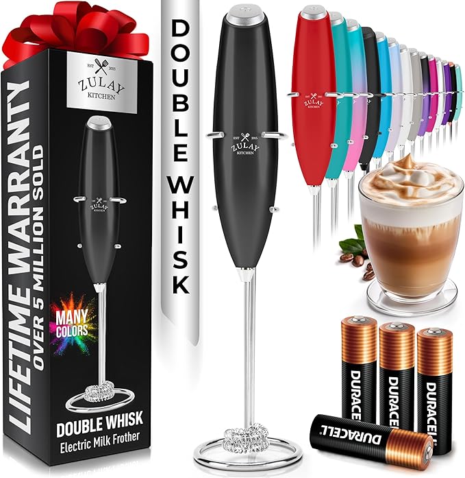 Zulay Kitchen Powerful Milk Frother Wand With Duracell Batteries - Ultra Fast Handheld Drink Mixer - Electric Whisk Foam Maker for Coffee, Lattes, Cappuccino & Matcha - Double Whisk - Metallic Black