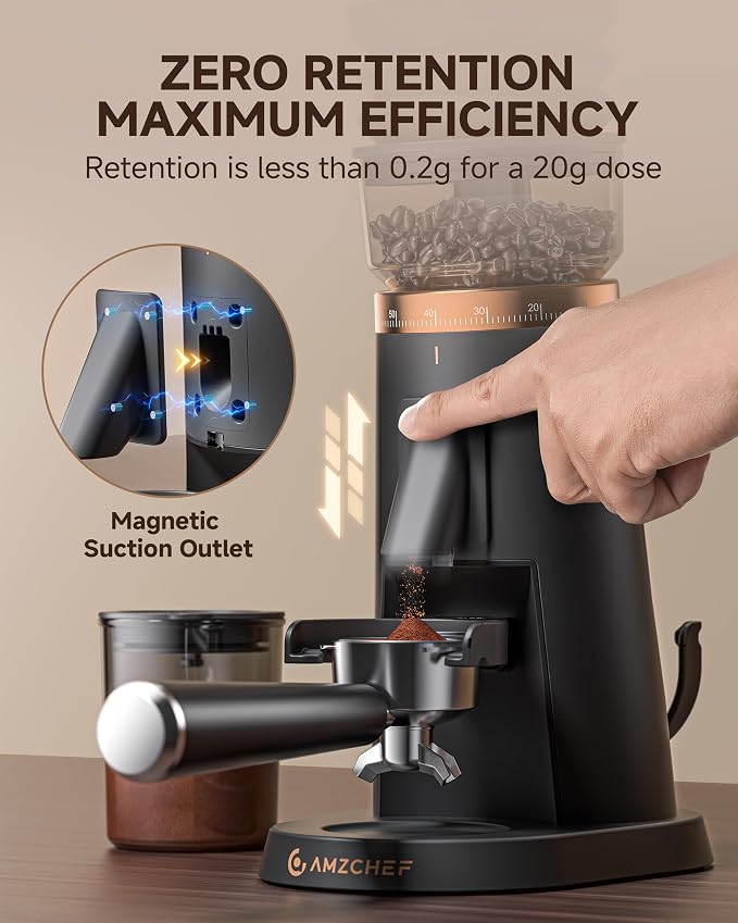 AMZCHEF 75-Setting Single Dose Coffee Grinder, 40mm Burr, <0.2g Retention | Anti-Static, Quiet DC Motor, 5-60s Timer, Magnetic Outlet, Vacuum Storage, LED Light, Espresso, Pour-Over & French Press