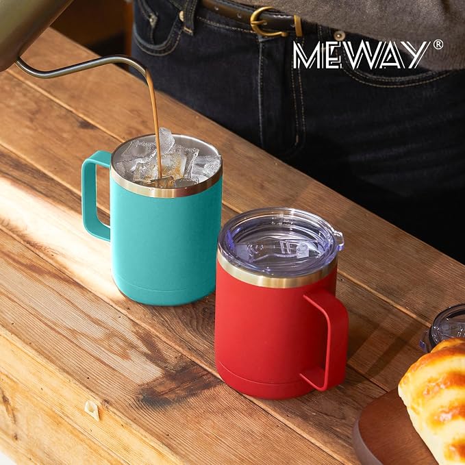 MEWAY 12oz Coffee Mug With Handle 4 Pack Bulk,Stainless Steel Insulated Travel Tumblers With Sliding Lid,Double Wall Vacuum Camping Cup for Hot & Cold Drinks Tea (Light Green,Set of 4)