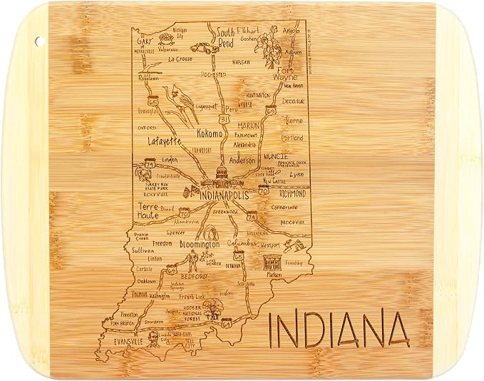 Totally Bamboo A Slice of Life Indiana Engraved Map Cutting Board | 11” x 8.75” charcuterie board with engraved state map artwork. Smooth reverse side for food prep. Hang tie for wall display.