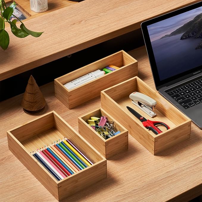 Bamboo Kitchen Drawer Organizer, Extra High Silverware Tray, Flatware Cutlery Storage Box, Multi-Use Holder in Office, Bathroom, Pantry - 9"x3"x2.5" (Set of 2)