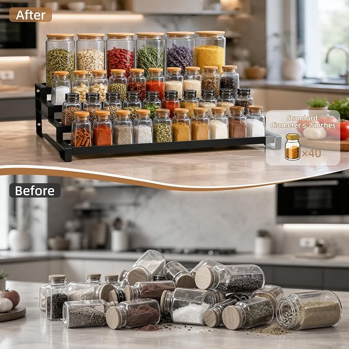 Expandable Spice Rack Organizer for Cabinet 4 Tier Spicy Shelf Black 1Pack | Adjustable Length 13"-21", Easy to See Labels, Sturdy Metal, Slip-Resistant Guardrails for Jars, Cabinet & Countertop Storage