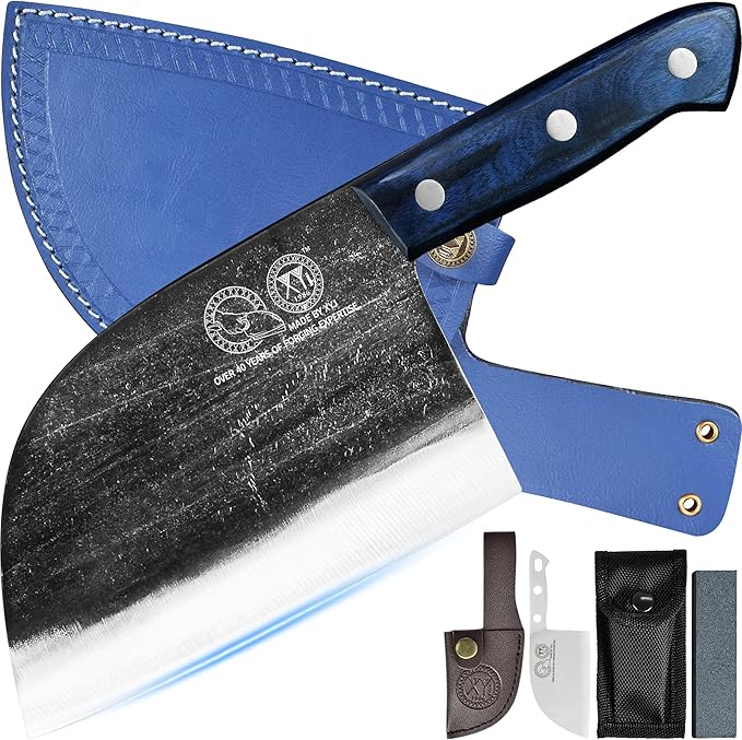XYJ Serbian-Style Chef's Knife with Sheath, 6.7" Heavy-Duty Meat Cleaver | Antique Forged Butcher Knives, Serbian Chefs Knife for Kitchen & Outdoor Use, Full Tang Construction
