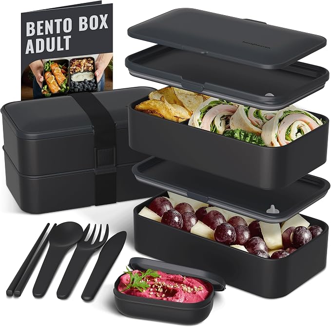 Bentoheaven Bento Box Adult, Stackable Lunch Box, 40 oz, Outer Space | BPA-free, leakproof and microwave-safe with 2 compartments, utensils, chopsticks, divider and sauce cup for men and women.