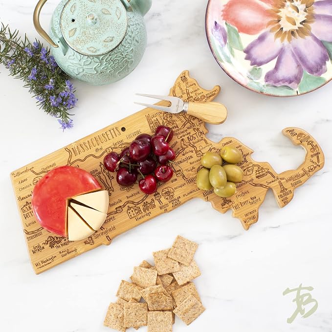 Totally Bamboo Destination Massachusetts State Shaped Cutting Board | State charcuterie serving board with engraved map artwork. Smooth reverse side for food prep. Hang tie for wall display.