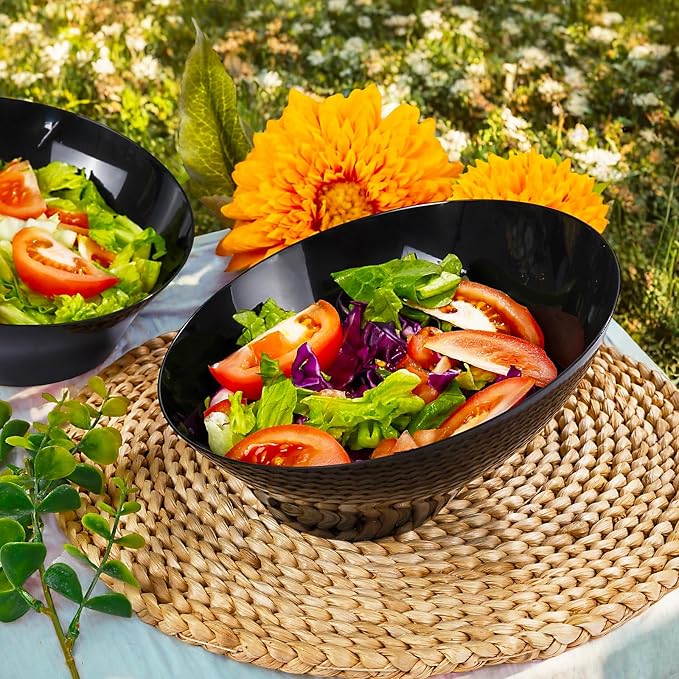 bUCLA 12 Pack Black Plastic Serving Bowls - 20 OZ Angled Bowls Disposable for Chip,Candy,Salad and Fruit - Ideal for Wedding, Party & Graduation