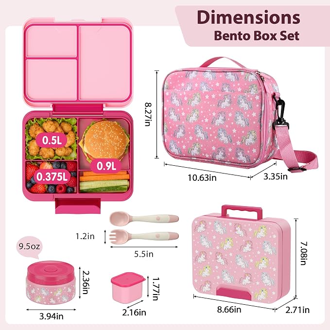 Kids Bento Lunch Box Set with 9.5oz Soup Thermo, Leak-Proof Lunch Food Containers with 3 Compartment and Removable Inner Tray, Insulated Hot Food Jar with Lunch Bag for School, Office, Unicorn Pink