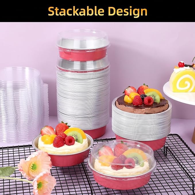 Beasea 120 Pack Disposable Ramekins with Lids, 7.3oz Grapefruit Pink Aluminum Foil Mini Pie Tins Pans Small Baking Cups, Round 4 inch Individual Cake Pans Tin for Creme Brulee Cheesecake Tart Pie