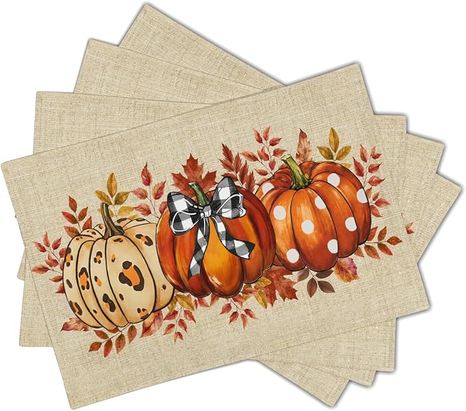 Fall Pumpkins Placemats Set of 4 18x12 Inch Autumn Thankful Linen Place Mats Heat-Resistant Washable Wipeable Thanksgiving Season Holiday Table Mat for Party Kitchen Dining Room Dinner Table Decor