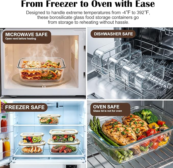 Multi-Size Glass Food Storage Containers with Glass Lids, 4 Pack | Airtight Glass Meal Prep Containers, Plastic Free, Borosilicate Glass Lunch Containers for Leftovers, Microwave, Freezer