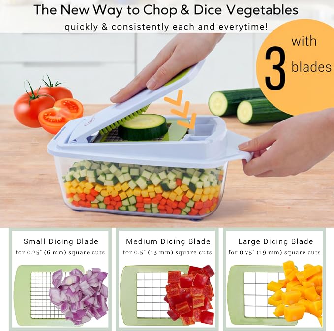 Brieftons QuickPush Manual Vegetable Chopper: 8-Cup Push-Down Onion Dicer & Food Chopper, 3 German Steel Blades, BPA-Free Container with Keep-Fresh Lid and Cleaning Comb - Manual, Dishwasher Safe