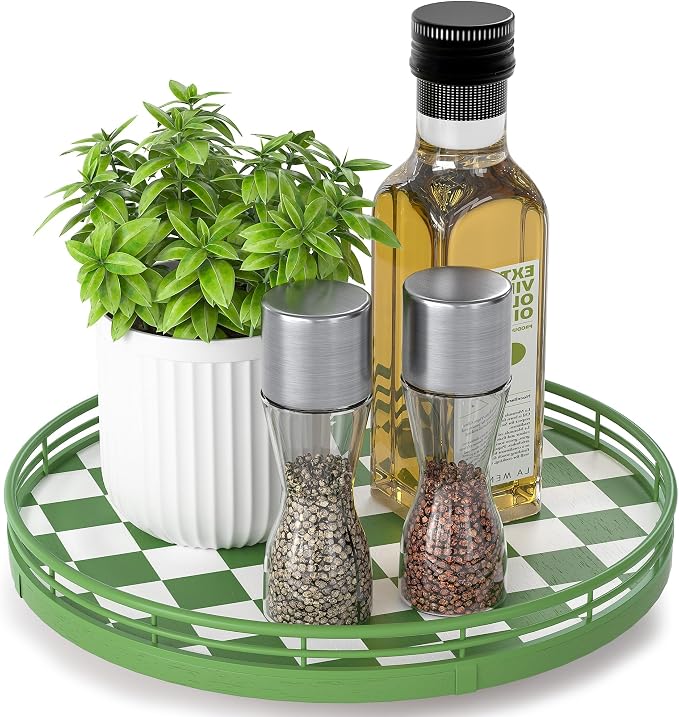 Green and White Checkerboard Lazy Susan with Rubberwood Base and Metal Rail | Smooth rotating oak tray with walnut finish for dining tables, kitchen counters, pantries and cabinet storage.