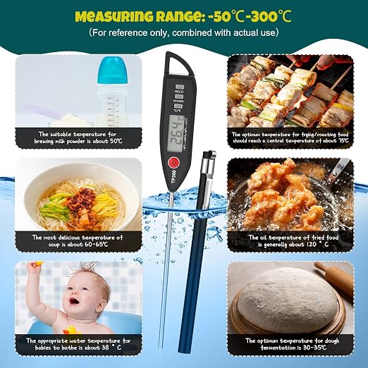6 Set Digital Food Thermometer Long Probe Instant,Black | Waterproof for Water Liquid Candle, Instant Temperature Read for Kitchen BBQ Grill Candy Meat, Foldable Probe Thermometer