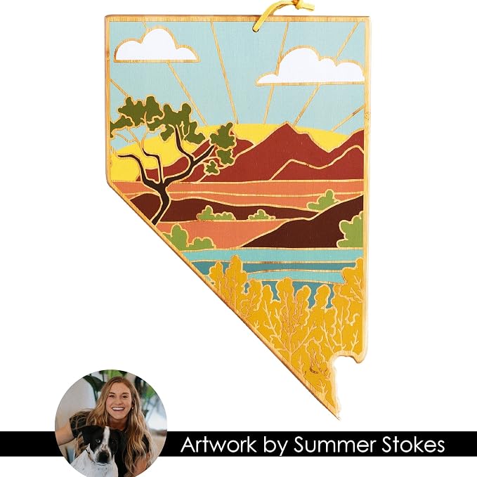 Totally Bamboo Nevada State Shaped Cutting Board, Summer Stokes Art | State charcuterie board with colorful hand-drawn landscape art. Smooth reverse side for food prep. Hang tie for wall display.