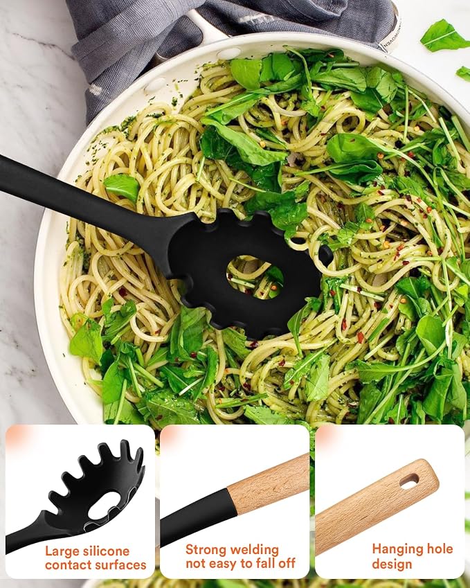 13PCS Silicone Kitchen Utensils Set for Nonstick Cookware, Black | Food Grade, Heat Resistant Kitchen Utensil Spatula Set, Wooden Handles Kitchen Gadgets Tools Set