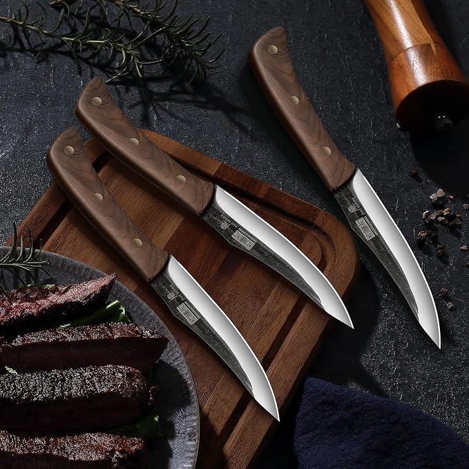 HOSHANHO Steak Knives Set of 6, Sharp 4.5" Non Serrated Steak Knife Set | Hand Forged High Carbon Steel Dinner Steak Knives with Full Tang Wood Handle, Gift with Men