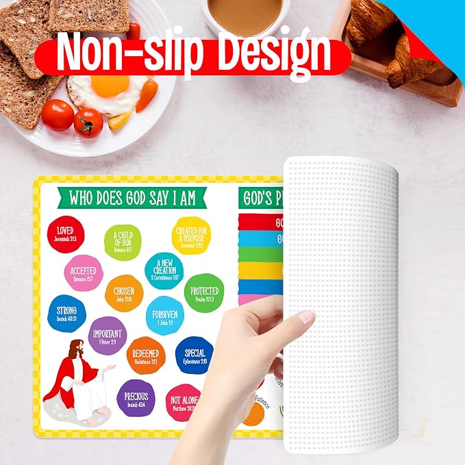 6 Pack Placemats for Kids, Non-Slip Washable Table Mats, Reusable Bible Themed Dining Mat, Educational Placemats for Home, Kindergarten, Classroom, Nursery