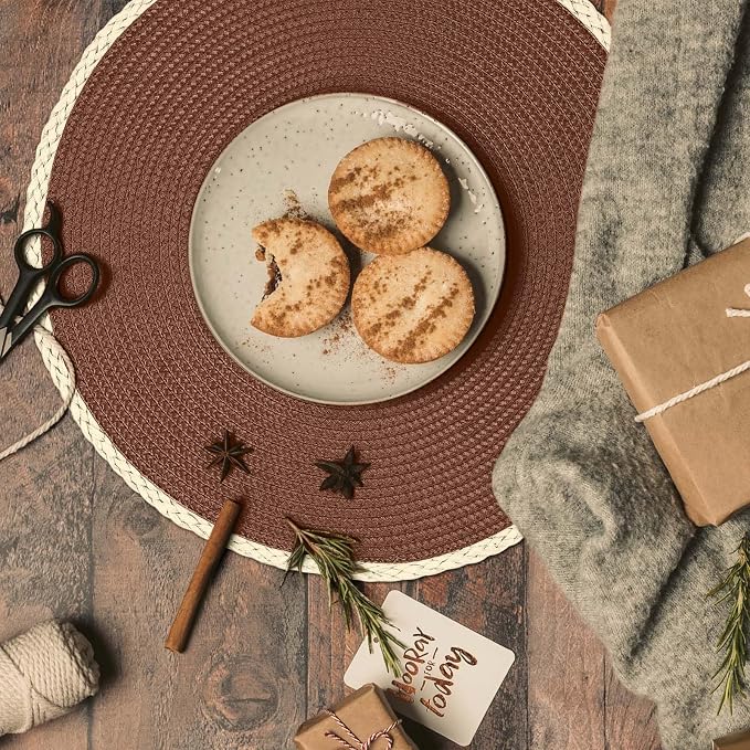 Round Placemats Set of 6, Woven Table Mats, Thin Edge, Chestnut Brown | Braided Paper Edge, 15 Inch Diameter, Fits Dinner Plate and Flatware, Wipeable, Heat Resistant, Indoor Dining, Outdoor Patio