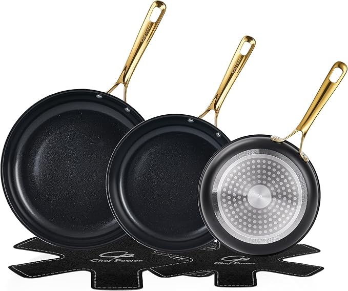Ceramic Frying Pan with Stainless Steel handle 5Pcs Set, Non-toxic Non Stick Grill Pan Set, Induction, Dishwasher and Oven Safe, Stone Black & Light Gold Handle, 8'', 9'', 11'' Skillet