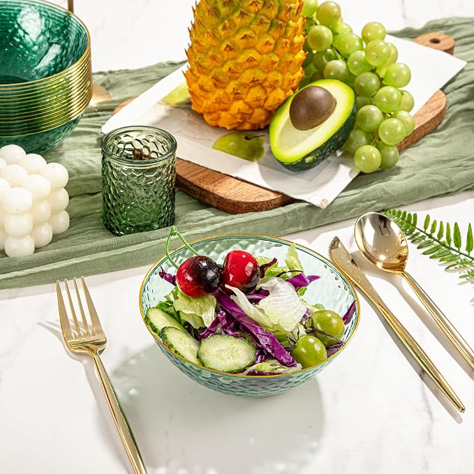 50 Pack 12 Ounce Clear Green Plastic Bowls Serving Bowls Hammered with Gold Rimmed, Heavy Duty Disposable Bowl Set,Small Bowls for Party Picnic
