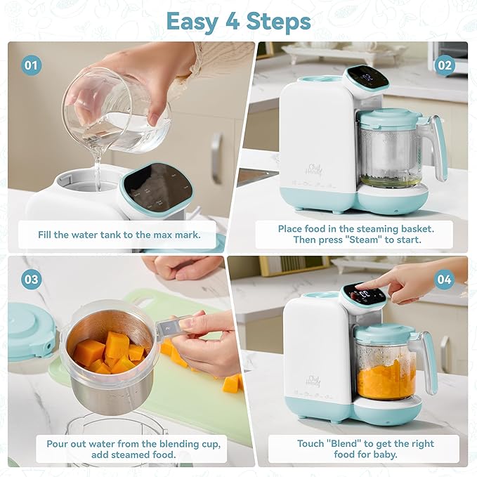 Baby Food Maker with Stainless Steel Steam Basket, One-Step Steam & Blend | All-in-one food processor with BPA-free food-contact parts, adjustable textures, 6 food pouches, plus a recipe guide.