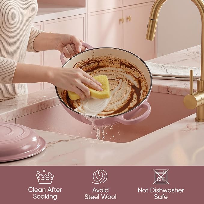 3 Quart Enameled Cast Iron Braiser, Non Stick Enameled Cast Iron Skillet with Lid, Dutch Oven Skillet with lid up to 500°F for Oven, Stove, Grill, Shallow Dutch Oven for Cook, Bake (Pink)