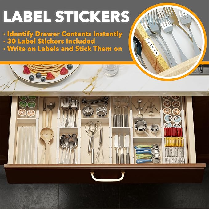 SpaceAid Bamboo Drawer Dividers with Inserts and Labels, Kitchen Adjustable Drawer Organizers, Expandable Organization for Home, Office, Dressers, 7 Dividers with 15 Inserts (17"-22" White)