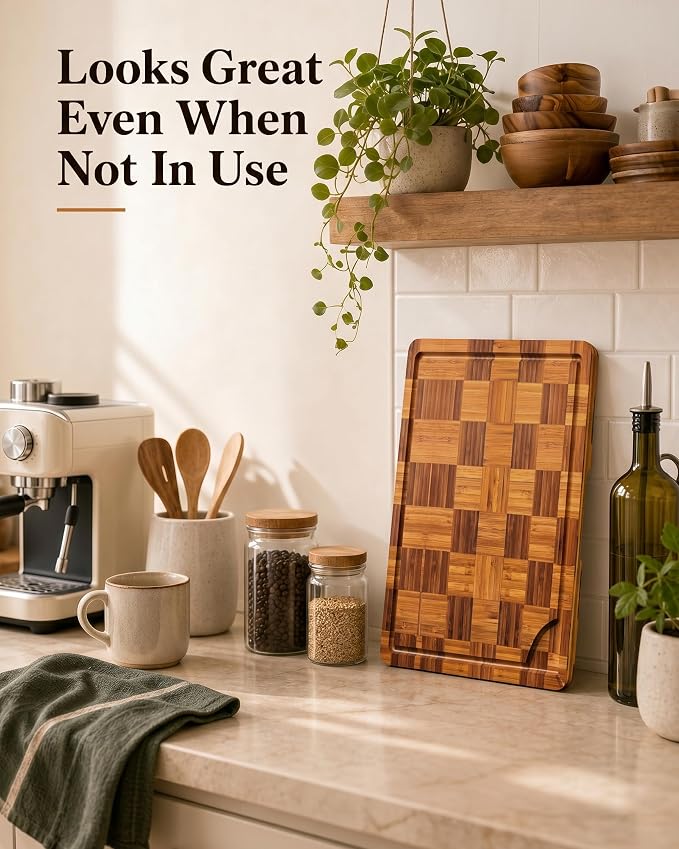 Brown Bamboo Cutting Board 18" x 12", Heavy Duty Checkered End Grain Butcher Block for Kitchen, Wooden Chopping Board with Deep Juice Grooves and Handles for Meat, Vegetables, Dough and Meal Prep
