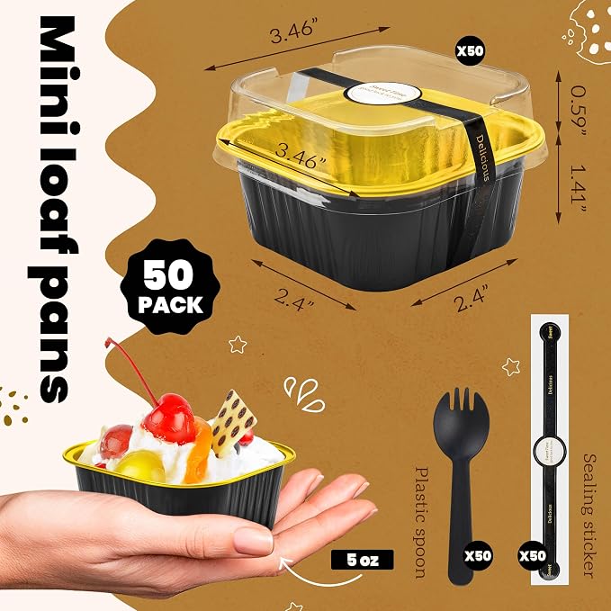 NPLUX Square Foil Cups with Lids, 50 Pack Black Gold 5oz for Weddings | Works for crumble cups, panna cotta, custard and snack servings; simple structure is easy to understand at a glance.