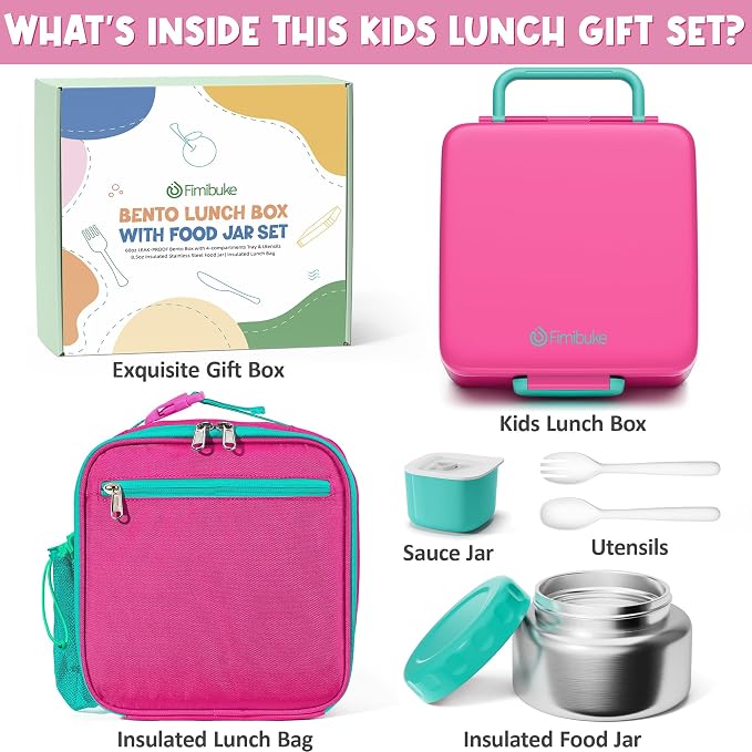 Fimibuke 60oz Kids Bento lunch Box with Insulated Lunch Bag & 8.5oz Thermo | Leakproof 3-4 Compartment Toddler Kids Lunch Box Food Container w/ Utensils, Sauce Cup for School Boys Girls, Dishwasher Safe
