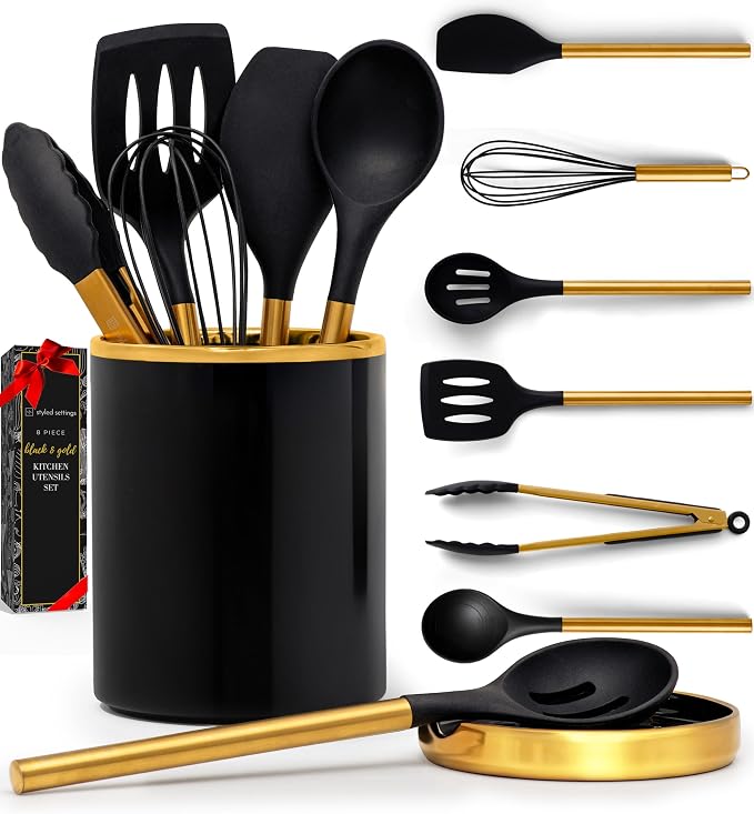 Styled Settings Black and Gold Kitchen Utensils Set with Holder, 8-Piece | Heat Resistant, Nonstick, Black Silicone Cooking Utensils Set, Ceramic Utensil Holder & Stackable Gold Spoon Rest