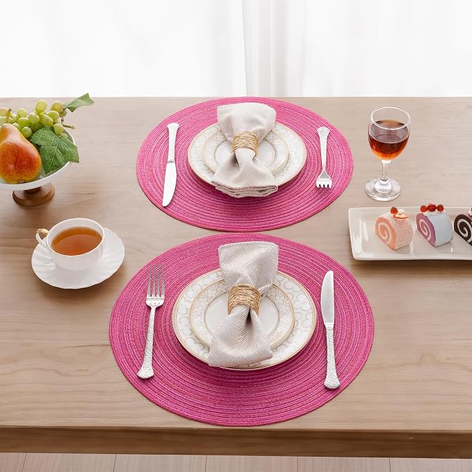 SHACOS Round Placemats Set of 4 Round Table Placemats Braided Cotton Place Mats 15 inch for Kitchen Dining Table Holiday Party (Hot Pink, 4)