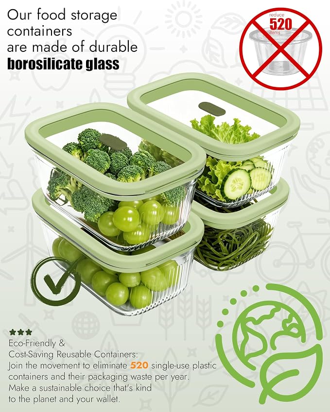 4-Pack Glass Meal Prep Containers with Easy-Open Valve & Tempered Glass Lids, 4.6 Cup (37.2oz) Airtight, Borosilicate Glass, Oven/Microwave/Freezer Safe, Gift Ready Storage Set