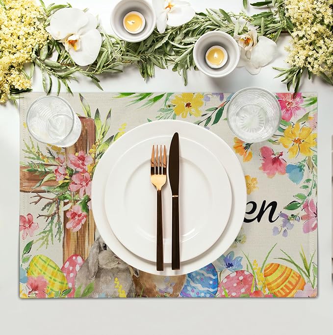 He is Risen Easter Placemats Set of 4 12x18 Inch Bunny Floral Cross Table Mats Spring Rabbit Flowers Eggs Place Mat for Dining Table Party Kitchen Decoration