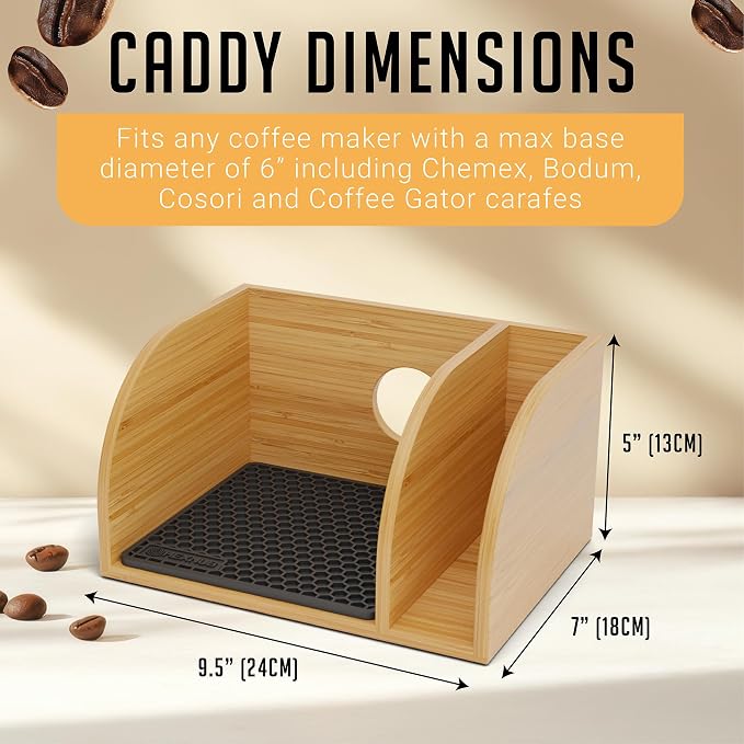 Pour Over Caddy with Lid for Chemex Bodum Cosori Coffee Makers Black | Handmade Bamboo Stand, Lid, Filter Holder, Heatproof Mat for a Cleaner Coffee Station