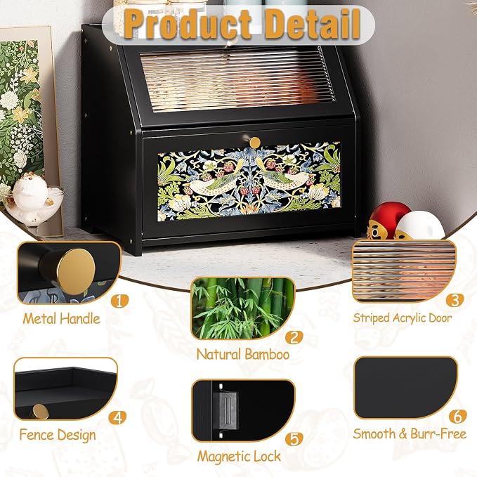 Trironsun Bamboo Bread Box for Kitchen Counter Black Bread Storage Container with Acrylic Door William Morris Flower Bird Design Farmhouse Breadbox Organizer (Black, 2 Layer)