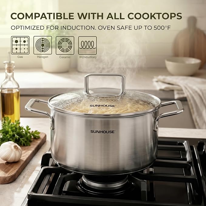 SUNHOUSE 3.4 QT Fully Clad Tri-ply Stainless Steel Stock Pot with Glass Lid | Small Everyday Soup & Pasta Pot - Rice, Blanching, Broth - Even-Heating Tri-Ply Base, Induction Compatible, Dishwasher Safe