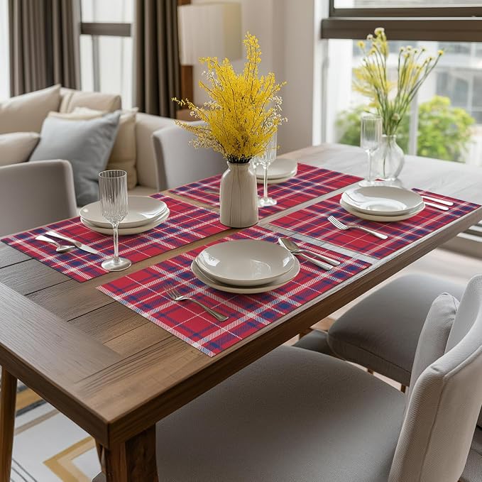 Artoid Mode Red Striped Check Memorial Day Vinyl Placemats Set of 4,Heat Resistant Non-Slip Woven Plastic PVC Place Mats for Party Kitchen Dining Decor