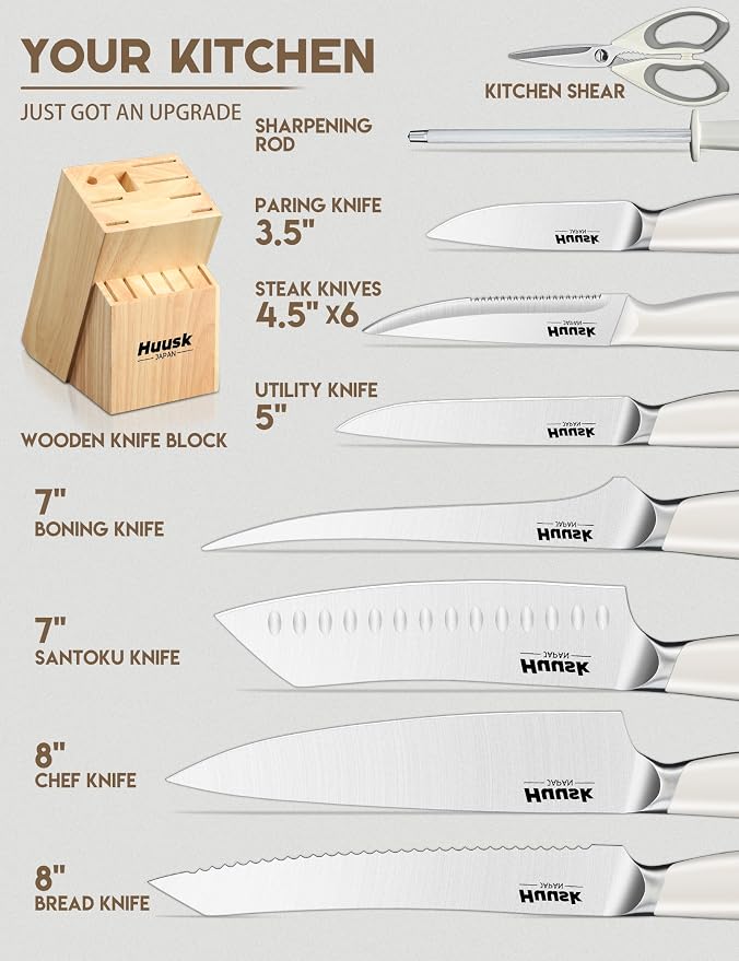 Huusk Knife Set with Block - Chef Knife with Natural Block Ivory White 14PC | Japanese Stainless Steel, Long-lasting Edge, All-in-One for Daily Use, Housewarming Gift for Women Men