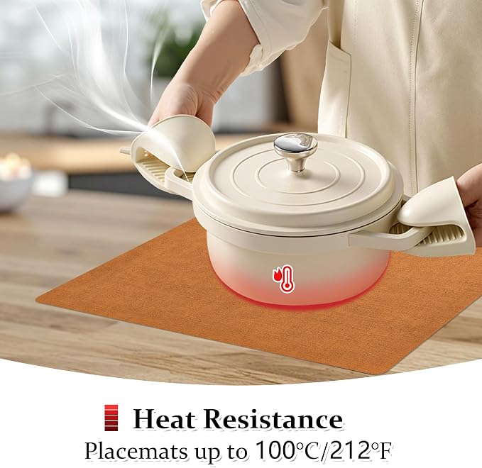 FROMHEART Faux Leather PU Placemats Set of 6 (Orange Grey,11.8" x 17") | Waterproof,Heat/Oil Stain-Resistant Table Mat–Reversible,Non-Slip,Easy to Clean Place Mats for Kitchen,Dining,Indoor/Outdoor