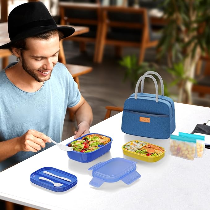JBGOYON Leakproof Bento Box & Insulated Lunch Bag Set, 4-Piece, Blue | 6-hour thermal retention, includes nested knife fork spoon, 2 reusable snack pouches, designed for adults and kids
